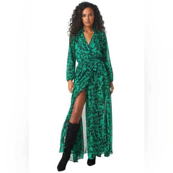 Misa Los Angeles Jocasta Maxi Dress Emerald Green Black Abstract Floral Womens S - Picture 2 of 7